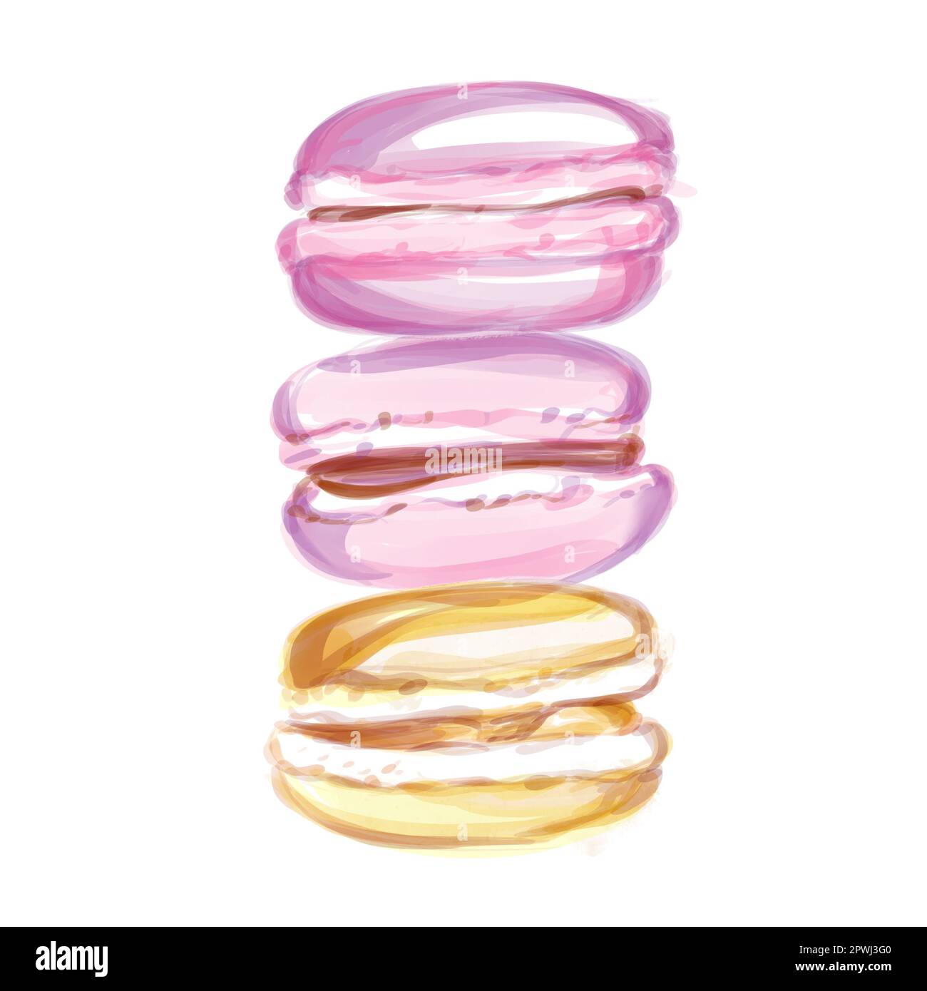 Acquerello set macaroon, mix di macaron clip art, illustrazione dessert, isolato su sfondo bianco. Macaron colorati dipinti a mano. Foto Stock
