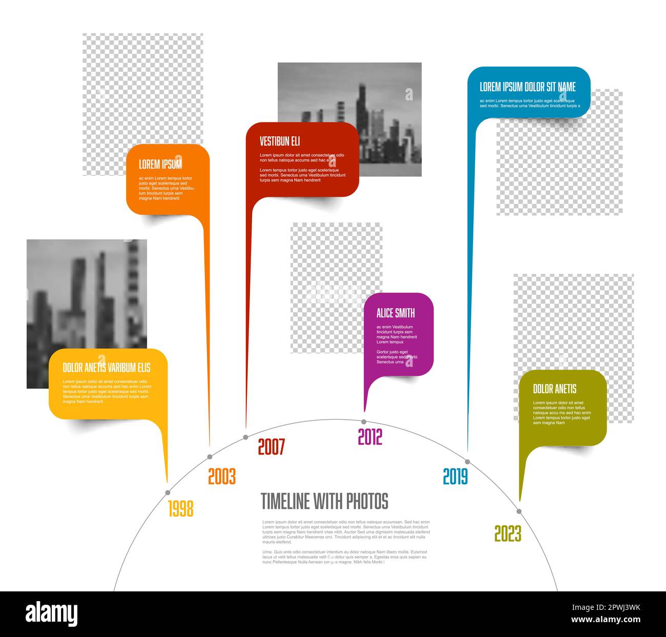 Modello di linea temporale circolare infografica semplice vettoriale con segnaposto per foto rettangolari. Business azienda timeline panoramica profilo con foto e colo Illustrazione Vettoriale