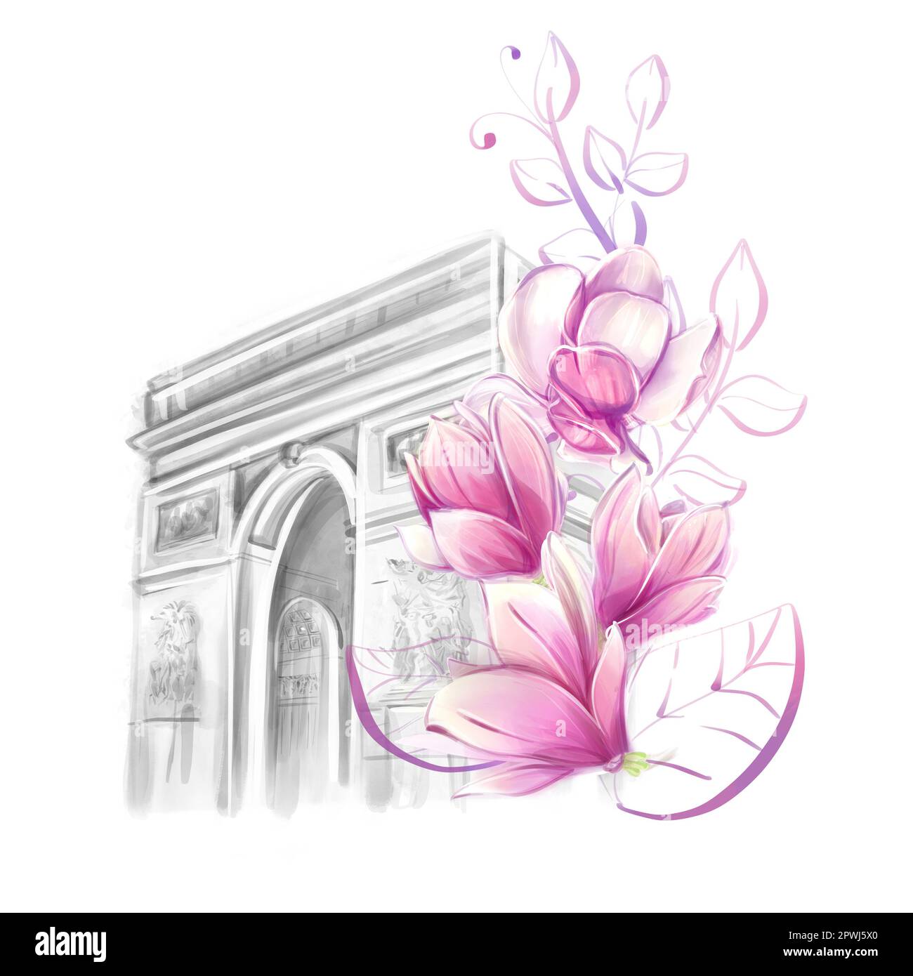 Arc de Triomphe a Parigi in stile romantico primaverile con magnolie, acquerello. Turismo, siti e architettura di Parigi, clipart per la progettazione di carte, Foto Stock