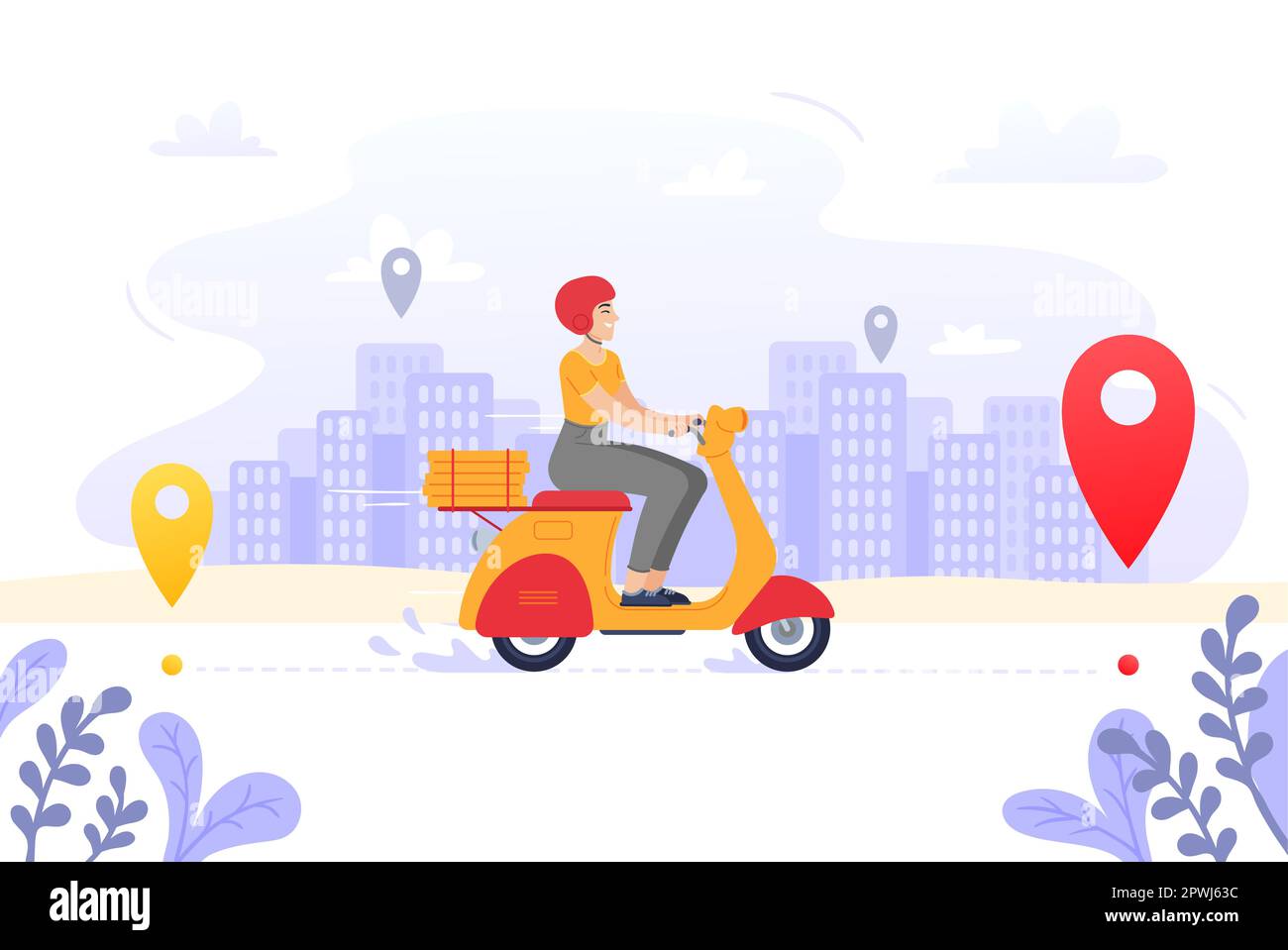 Servizio di consegna fast food, corriere autista moto o consegna pizza gps. Servizio di consegna vettore, corriere autista con illustrazione moto Illustrazione Vettoriale