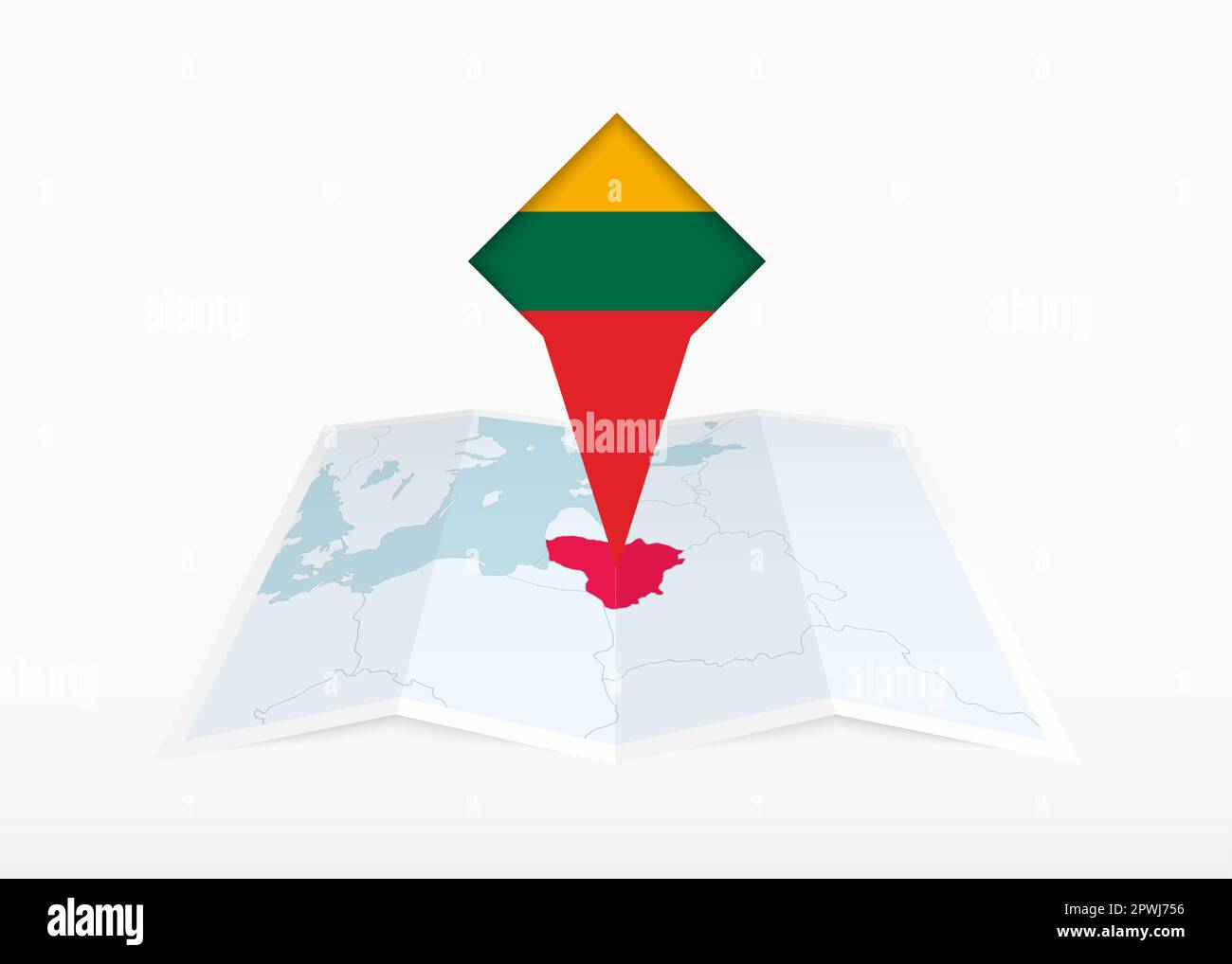 La Lituania è raffigurata su una mappa su carta piegata e su un indicatore di posizione fissato con la bandiera della Lituania. Mappa vettoriale piegata. Illustrazione Vettoriale