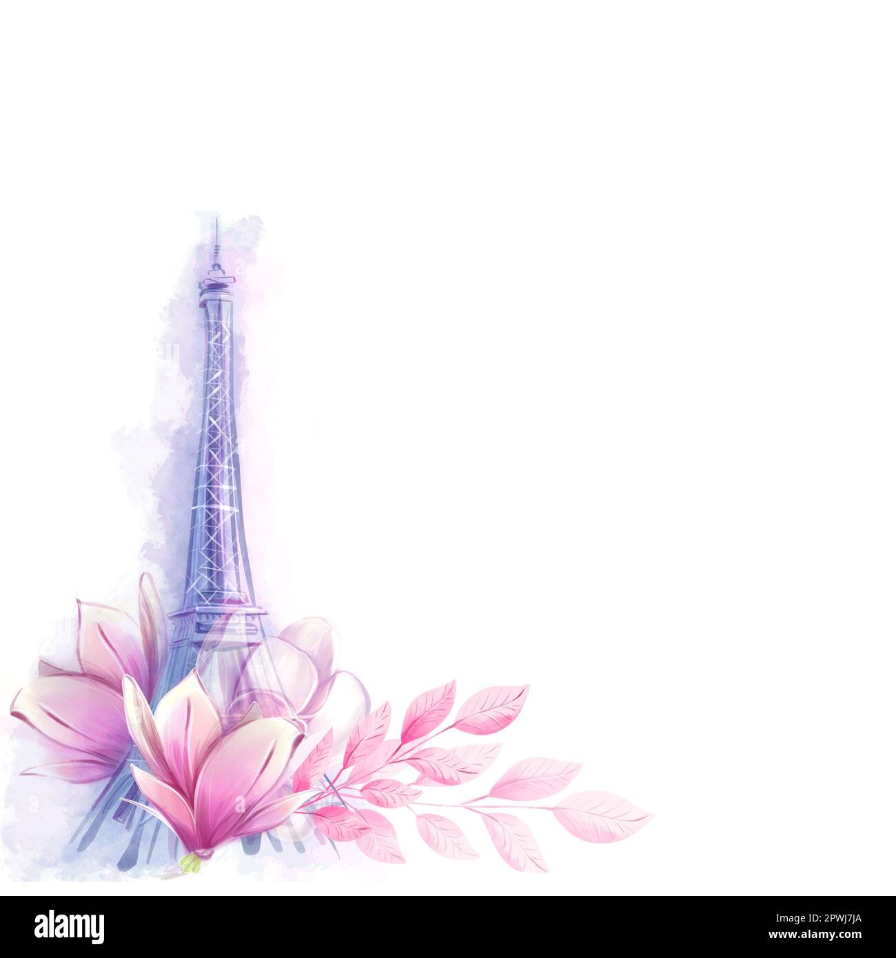 Illustrazione in acquerello della Torre eiffel e delle magnolie, design primaverile, bordo in stile romantico. Romanticismo francese, clipart. Foto Stock