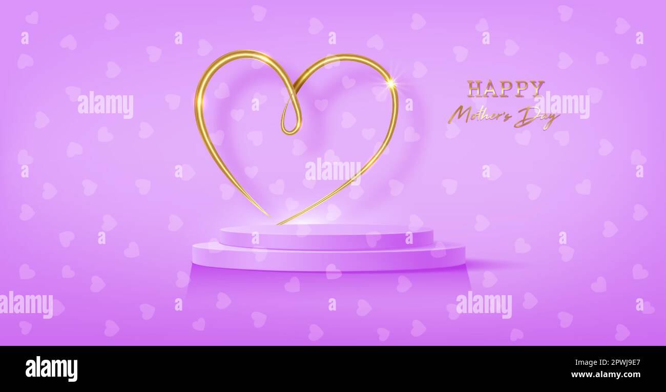 Banner Festa della mamma, podio a 3D tappe decorato con illuminazione a forma di cuore dorato. Scena piedistallo per prodotto, pubblicità, spettacolo, cerimonia di premiazione, su rosa Illustrazione Vettoriale