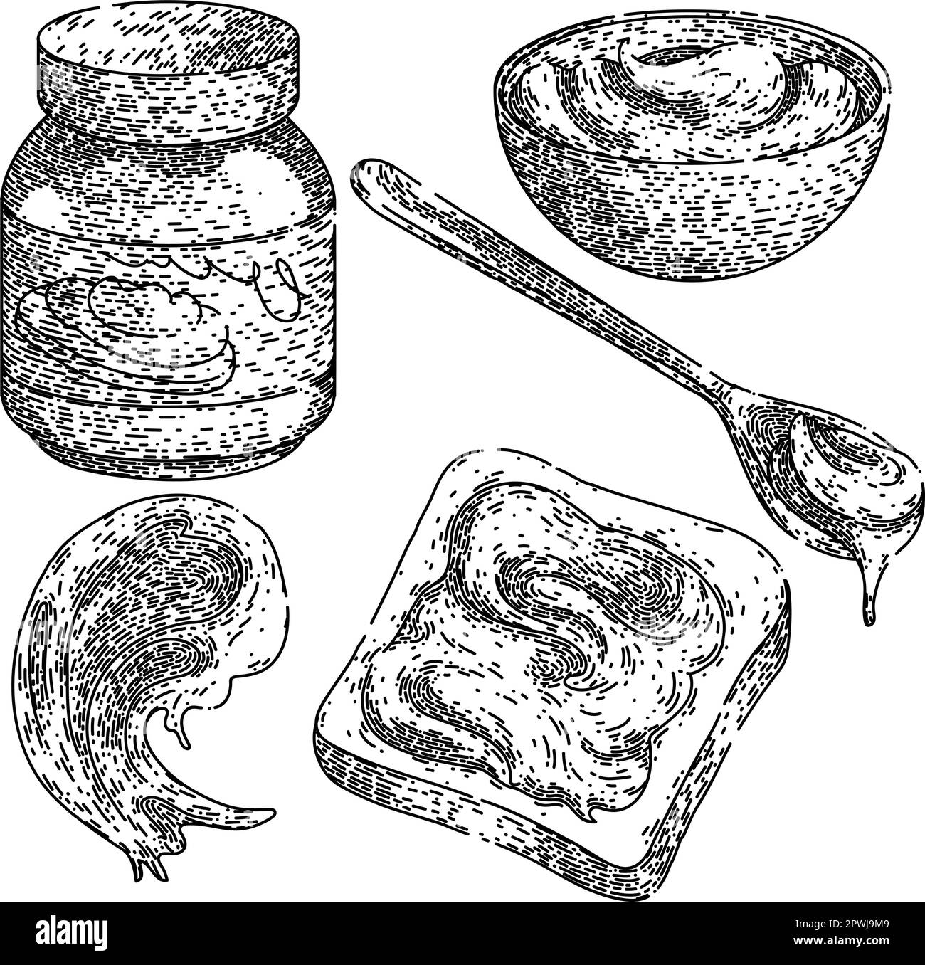 set di pasta di cioccolato disegnato a mano. spalmare la crema, la nocciola del pane, il recipiente del vaso, il cucchiaio del coltello, la pasta di cioccolato alla noce del burro schizzo vettoriale. illustrazione nera isolata Illustrazione Vettoriale