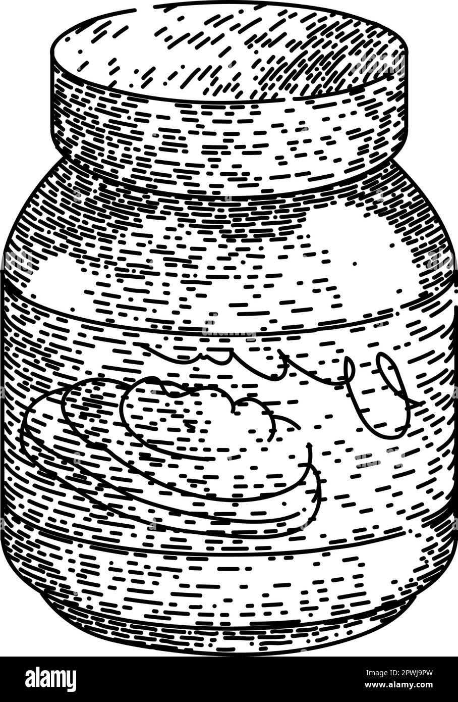 barattolo di pasta di cioccolato disegnato a mano. spalmare la crema, la nocciola del pane, il coltello di cacao, il burro del cucchiaio, la pasta cremosa di cioccolato della noce vaso schizzo del vettore. nero isolato Illustrazione Vettoriale