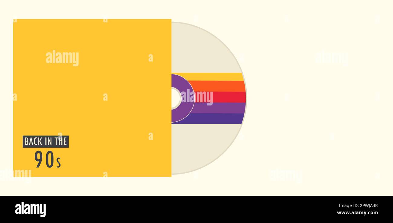 CD in una scatola etichettata di nuovo al 90s. Concetto retrò Illustrazione Vettoriale
