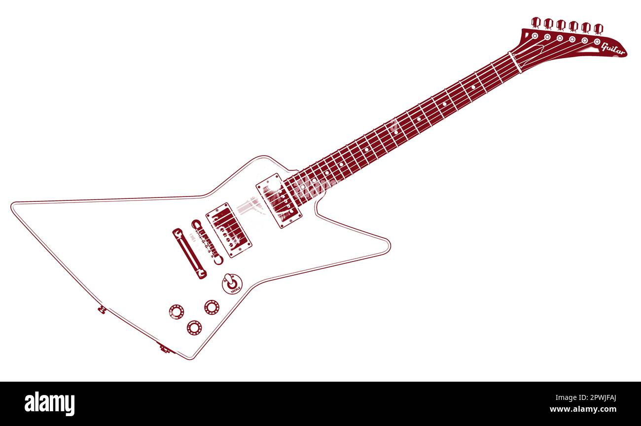 Una moderna cercando di chitarra elettrica isolata su uno sfondo bianco in contorno Foto Stock