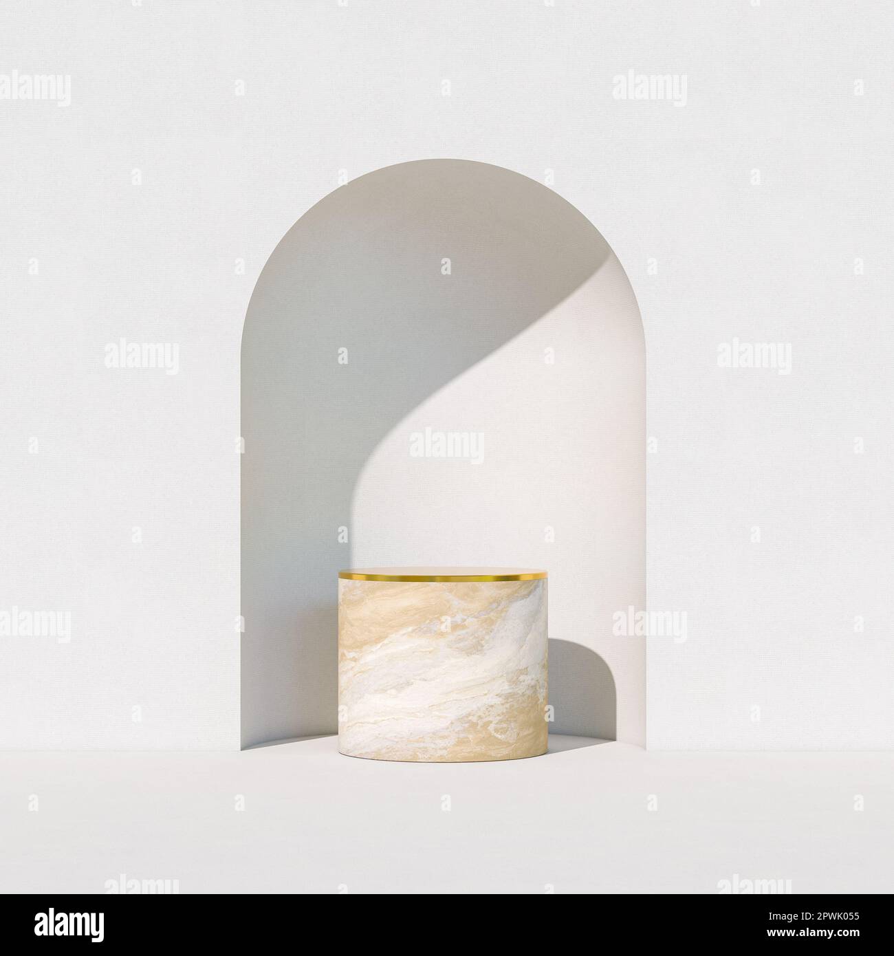 piedistallo in marmo con piano dorato in nicchia bianca. rendering 3d Foto Stock