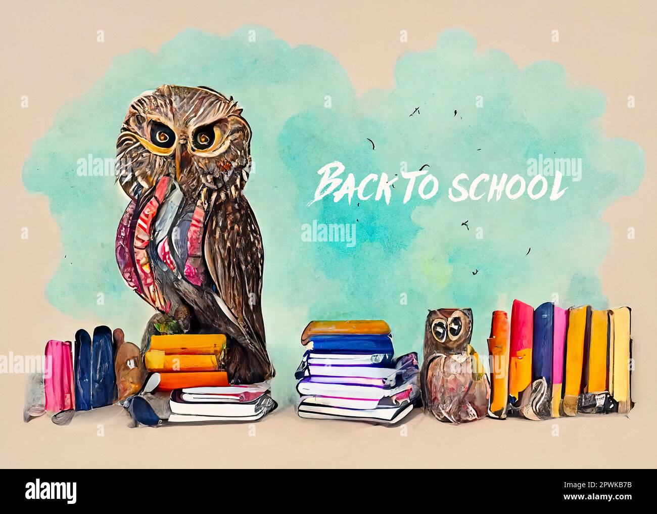 Tema Back to School con un insegnante Owl, un allievo Owl, libri colorati e borse scolastiche Foto Stock