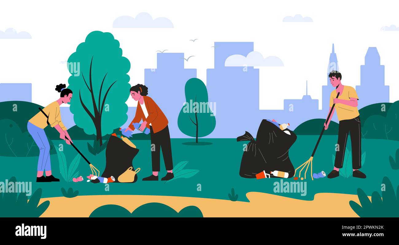 Volontari che puliscono i parchi, raccolgono rifiuti. Illustrazione di rifiuti in parco, rifiuti e rifiuti, pulizia dell'ambiente e volontariato. Vettore di vo Illustrazione Vettoriale