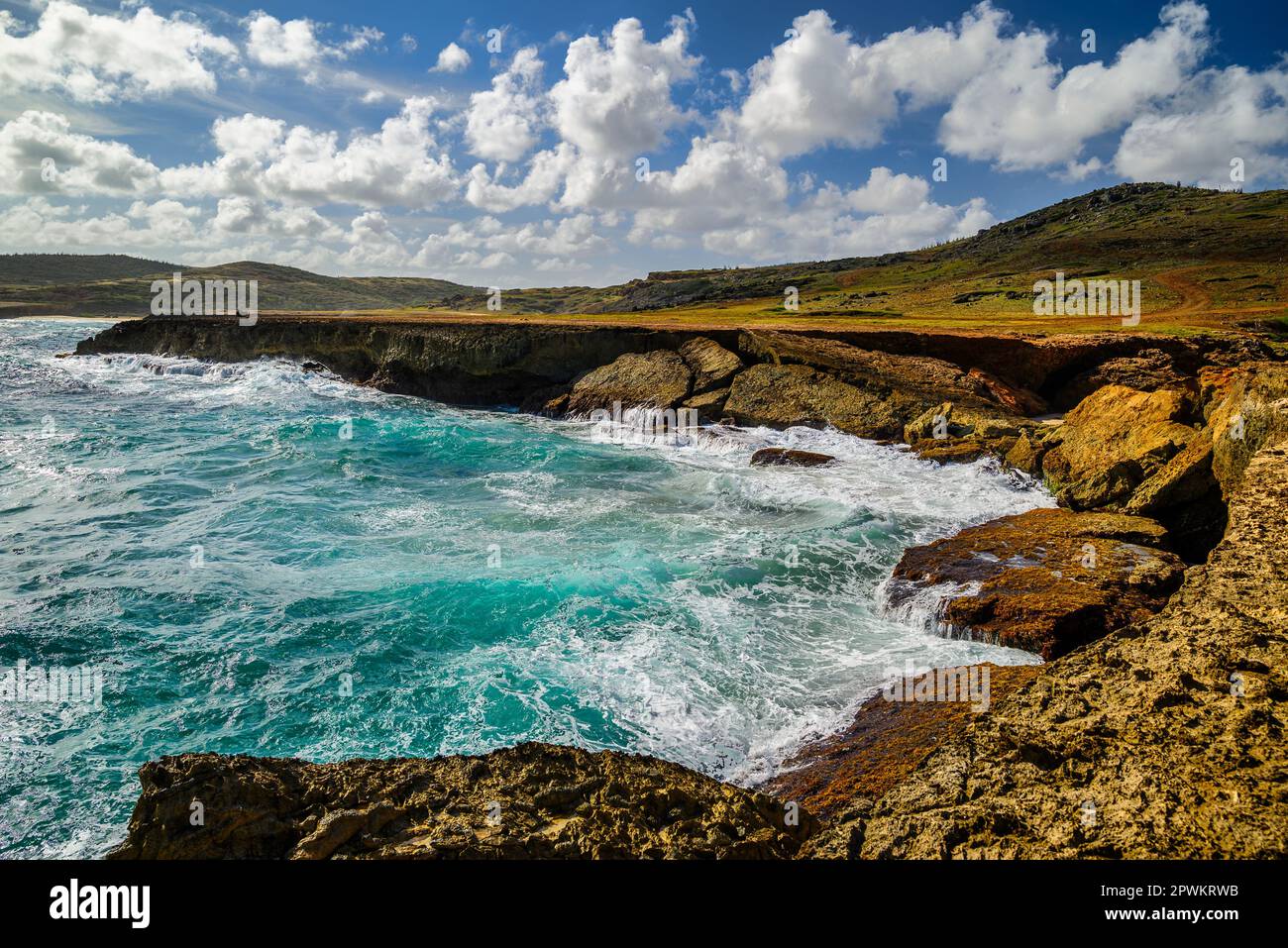 Vista sulla costa rocciosa di Aruba e sul Mar dei Caraibi Foto Stock