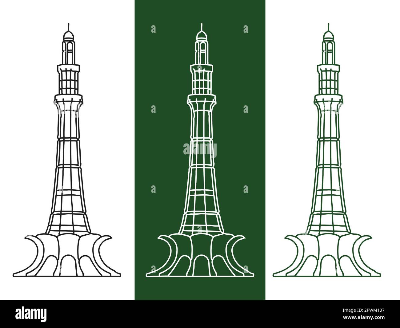 23rd marzo celebrazione del giorno del Pakistan illustrazione vettoriale - Torre vettoriale del Pakistan silhouette del monumento set Minar e Pakistan Illustrazione Vettoriale