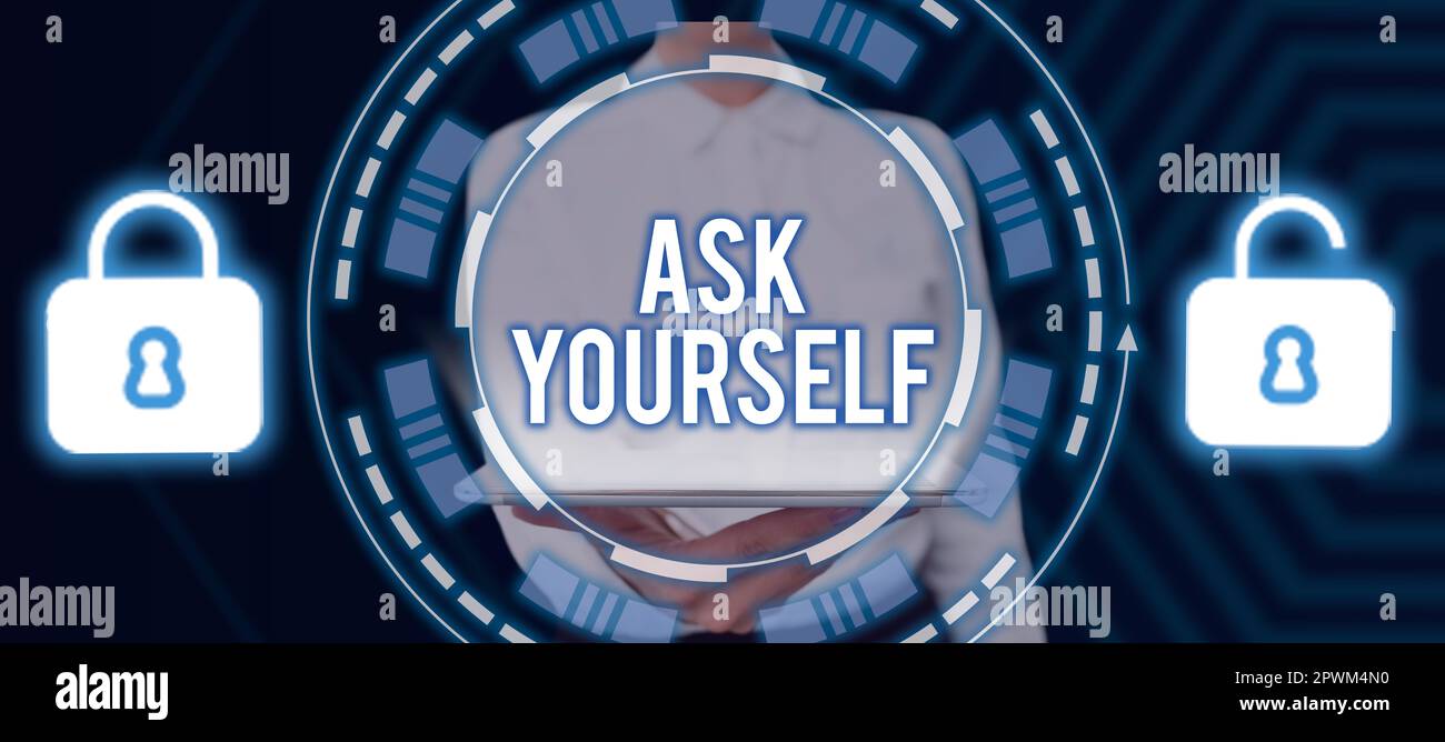 Didascalia di testo Presentazione Chiedi a te stesso, Panoramica aziendale pensare il significato futuro e lo scopo degli obiettivi di vita Foto Stock
