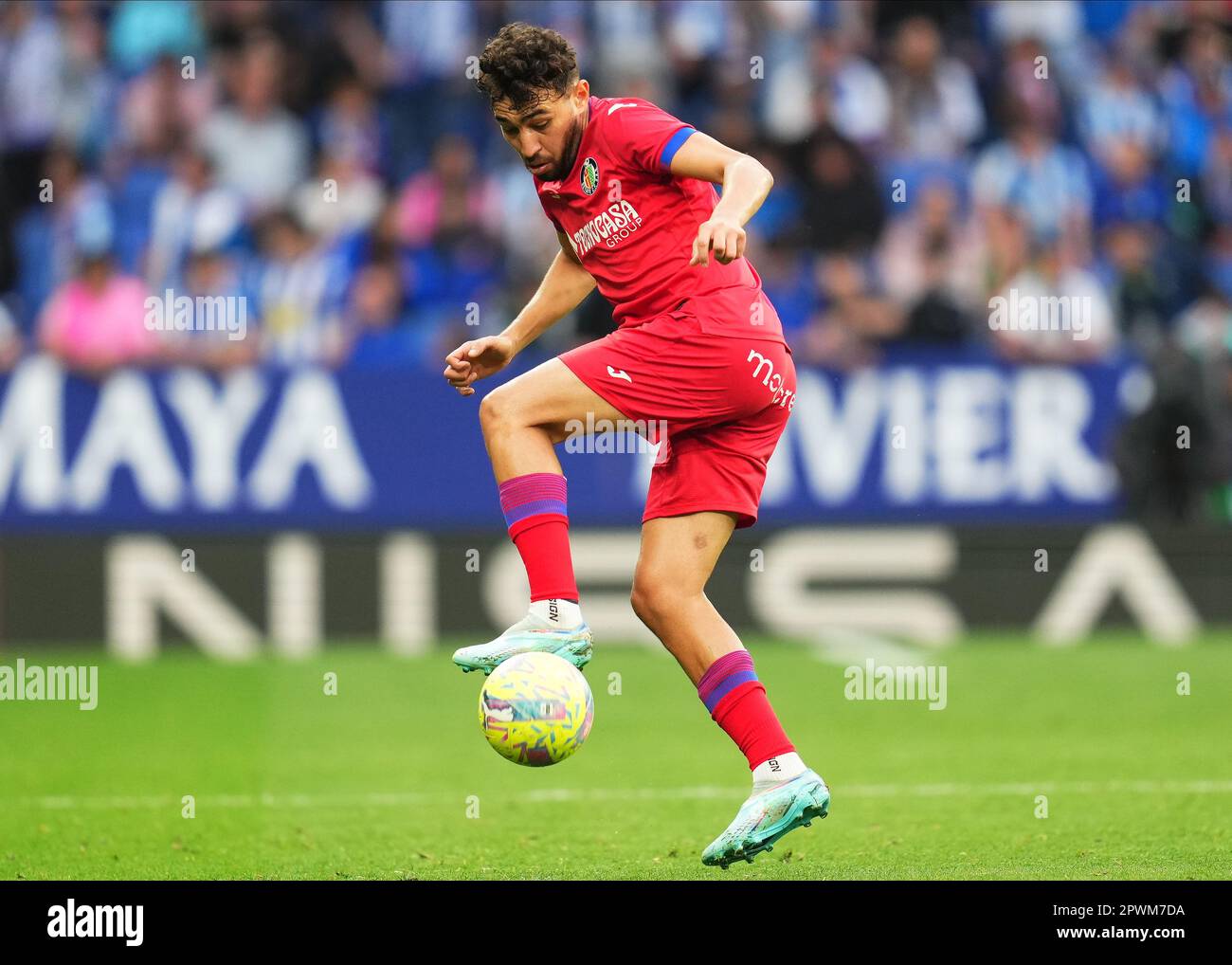 Munir El Haddadi di Getafe CF durante la partita la Liga tra RCD Espanyol e Getafe CF giocato allo stadio RCDE il 30 aprile a Barcellona, Spagna. (Foto di Sergio Ruiz / PRESSIN) Foto Stock