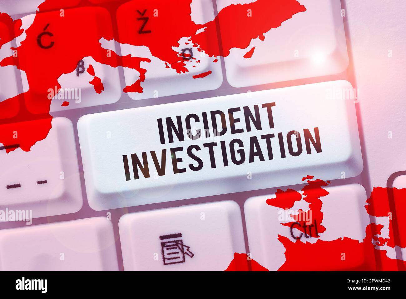 Didascalia di testo che presenta l'indagine sull'incidente, vetrina aziendale responsabile dell'integrità dell'incidente Foto Stock