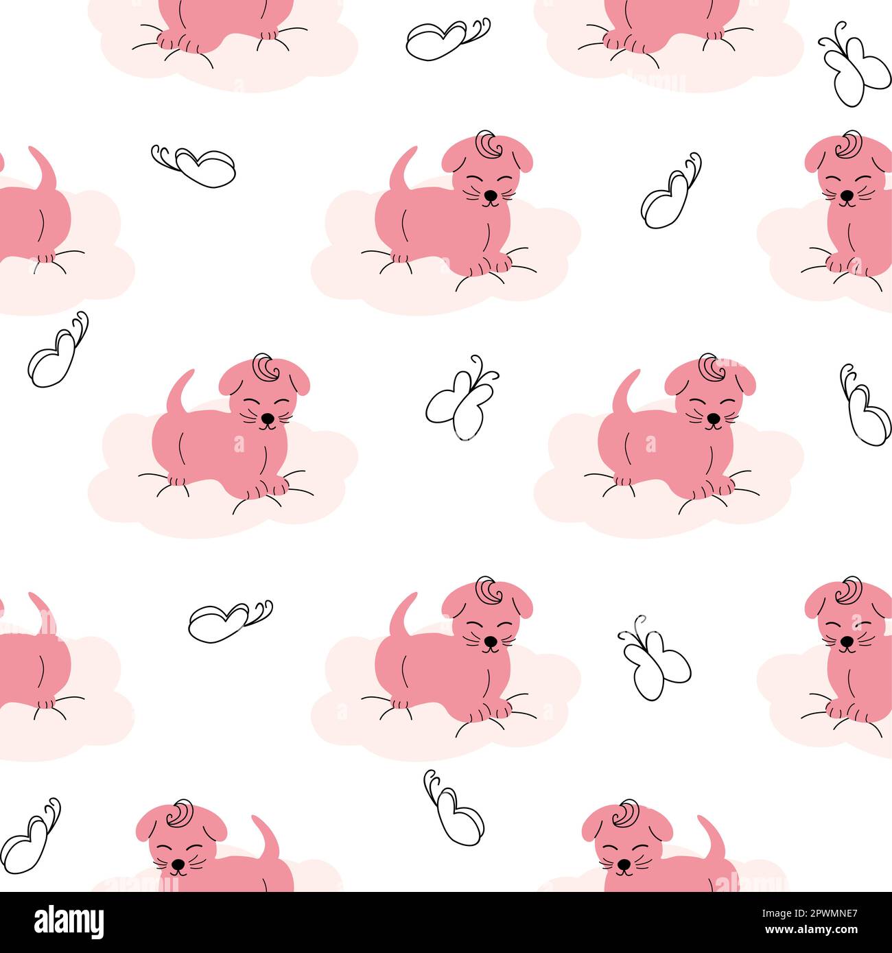 Cucciolo carino, nuvole, stelle, corona, farfalle modello senza cuciture colori delicati per i neonati Illustrazione Vettoriale