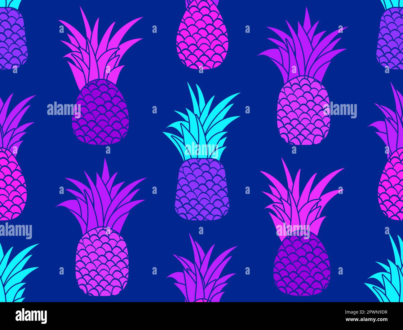 Motivo senza cuciture in ananas. Ananas viola stile anni '80. Sfondo di frutta estiva per T-shirt, stampe su carta e tessuto. Illustrazione vettoriale Illustrazione Vettoriale