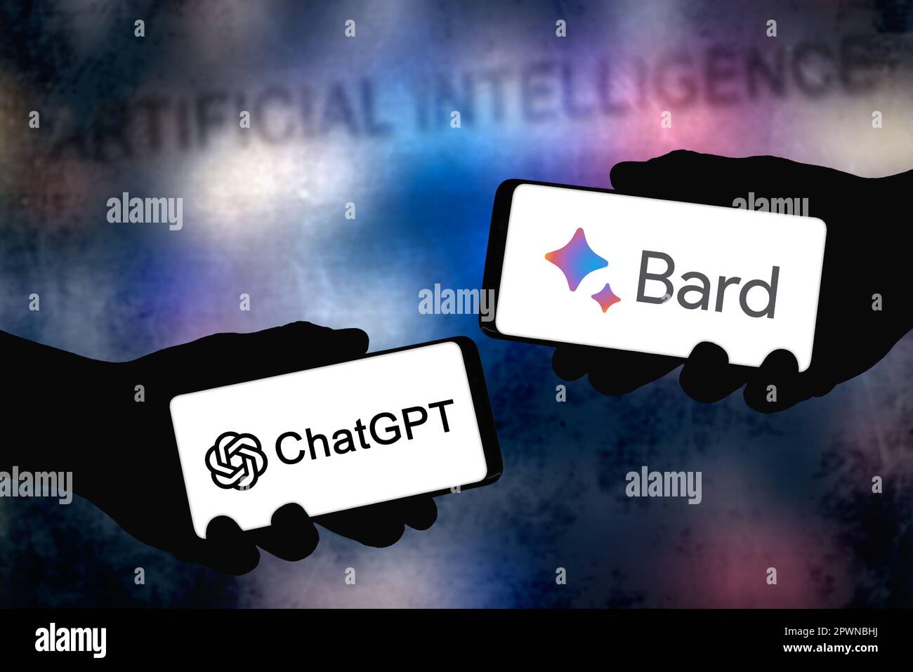 Tecnologia di intelligenza artificiale di ChatGPT e Google Bard Foto Stock