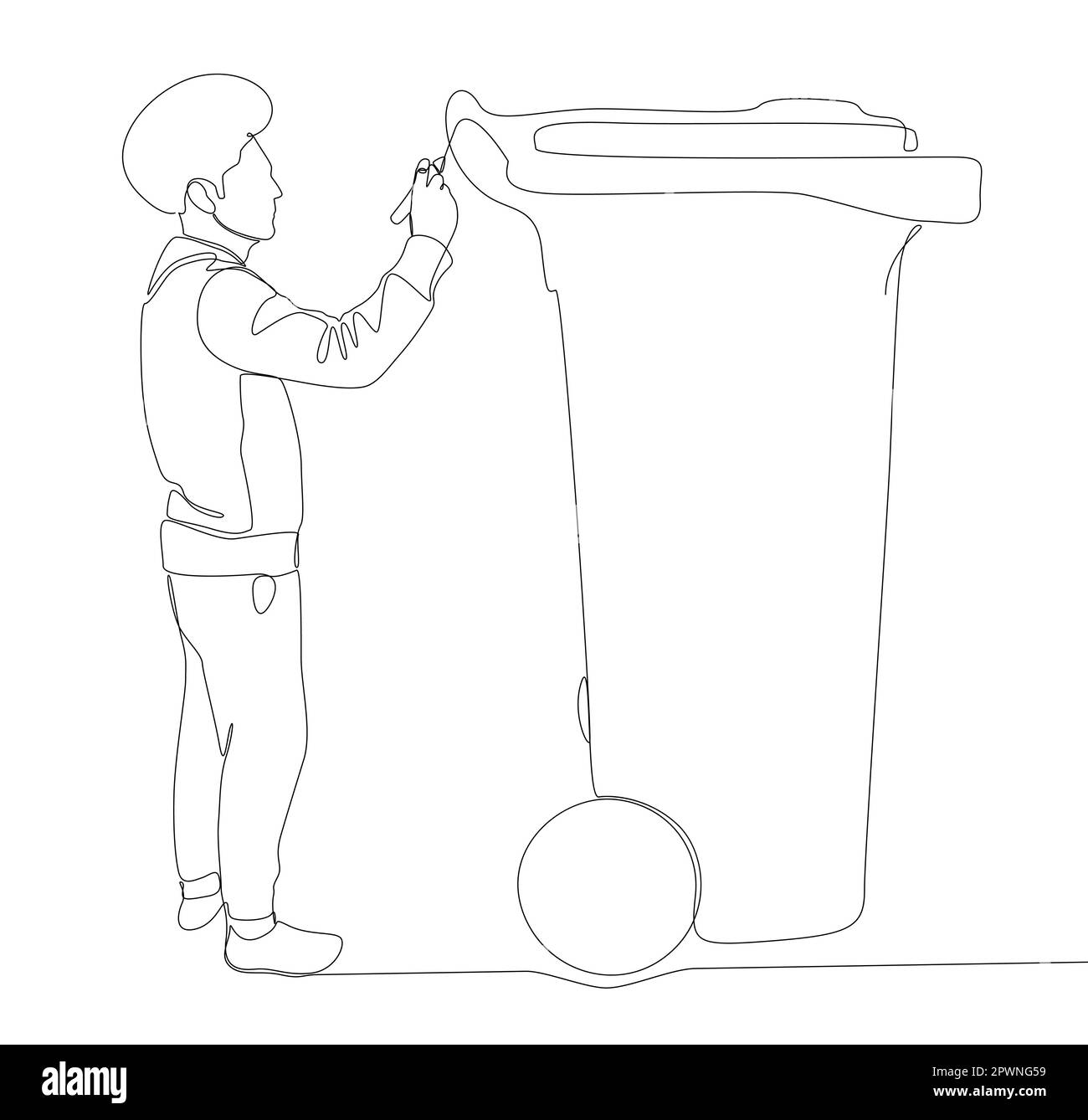 Una linea continua di uomo che punta con un dito contro il cestino dei rifiuti. Concetto di vettore di illustrazione a linea sottile. Disegno di contorno idee creative. Illustrazione Vettoriale