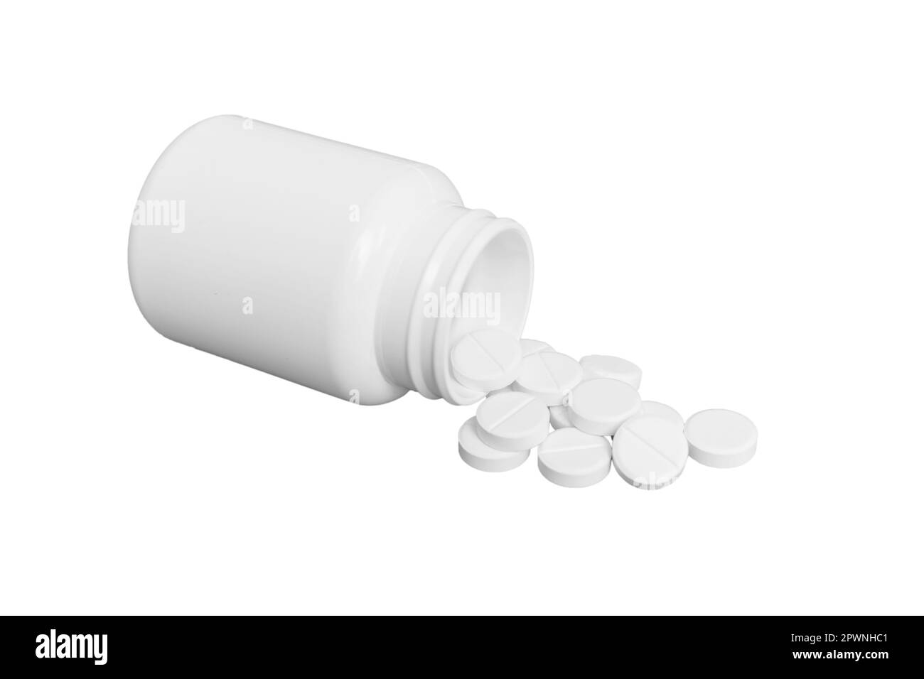 I medicinali bianchi fluiscono dal contenitore. flacone per pillola bianco isolato su sfondo bianco. Foto Stock