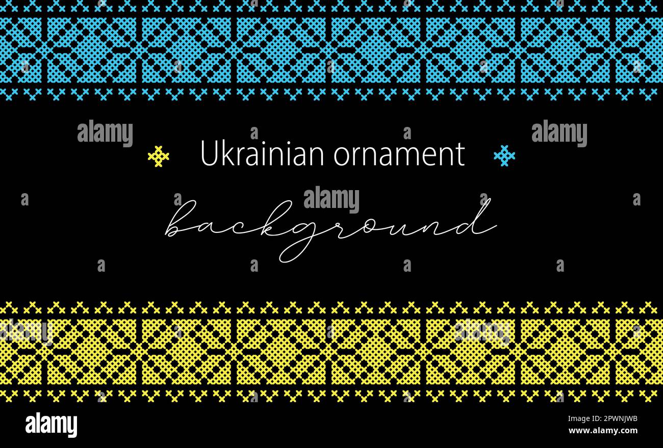 Sfondo vettoriale ucraino, banner, poster.folk tradizionale, ornamento etnico. Bordo nei colori giallo e blu bandiera Ucraina. Pixel art, vyshyvanka Illustrazione Vettoriale