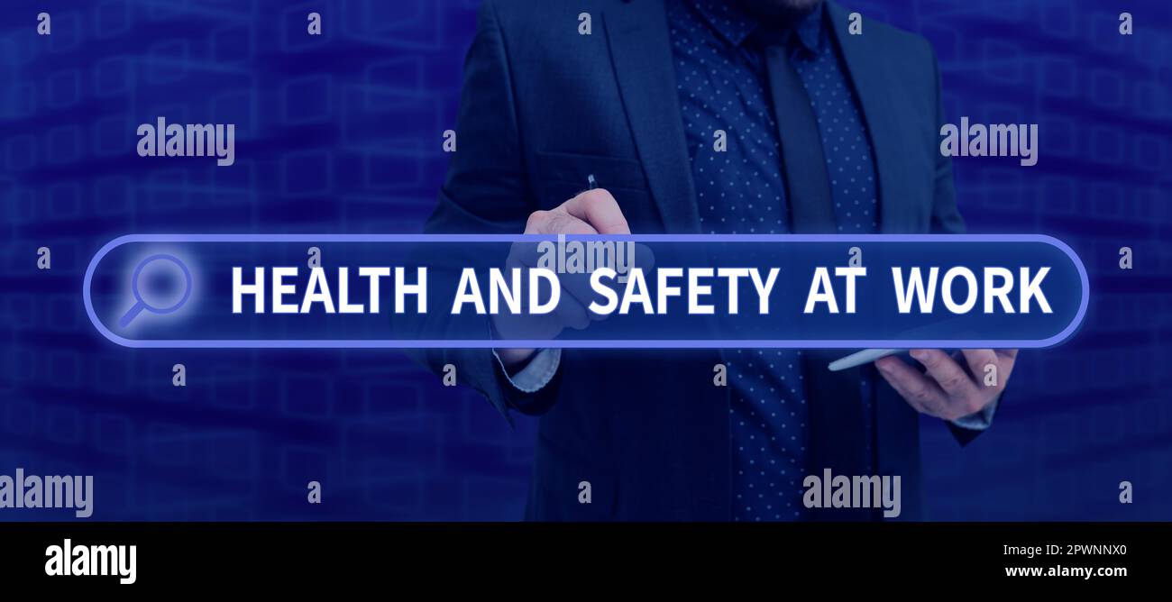 Testo che mostra ispirazione Salute e sicurezza sul lavoro, Panoramica aziendale procedure sicure prevenire gli incidenti evitare pericoli Foto Stock