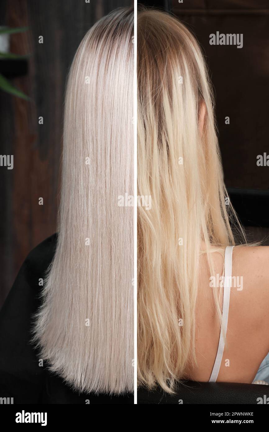 Donna prima dopo la tintura dei capelli. Vista posteriore, diritta e ricci. Primo piano Foto Stock