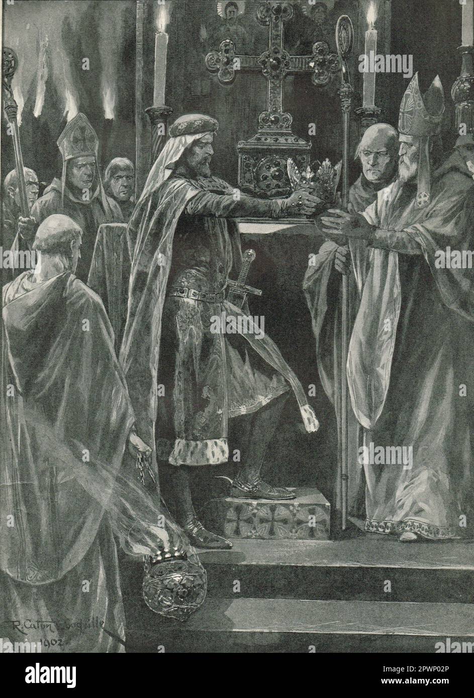 Richard i consegnando la corona all'Arcivescovo prima dell'atto di incoronazione, 3 settembre 1189 Foto Stock