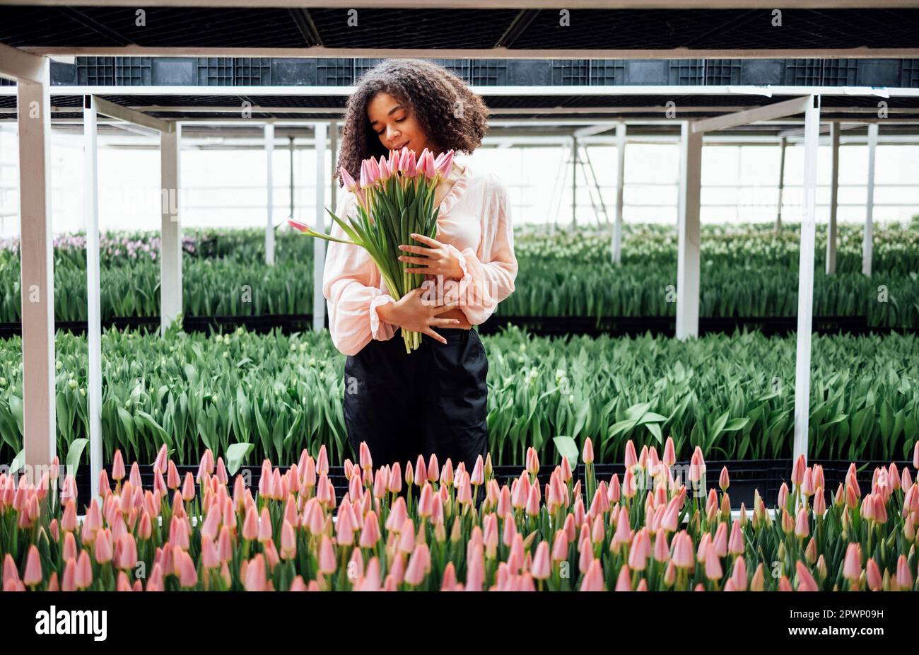 Bella ragazza romantica sorridente etnia africana con bouquet di tulipani rosa in serra. Foto Stock