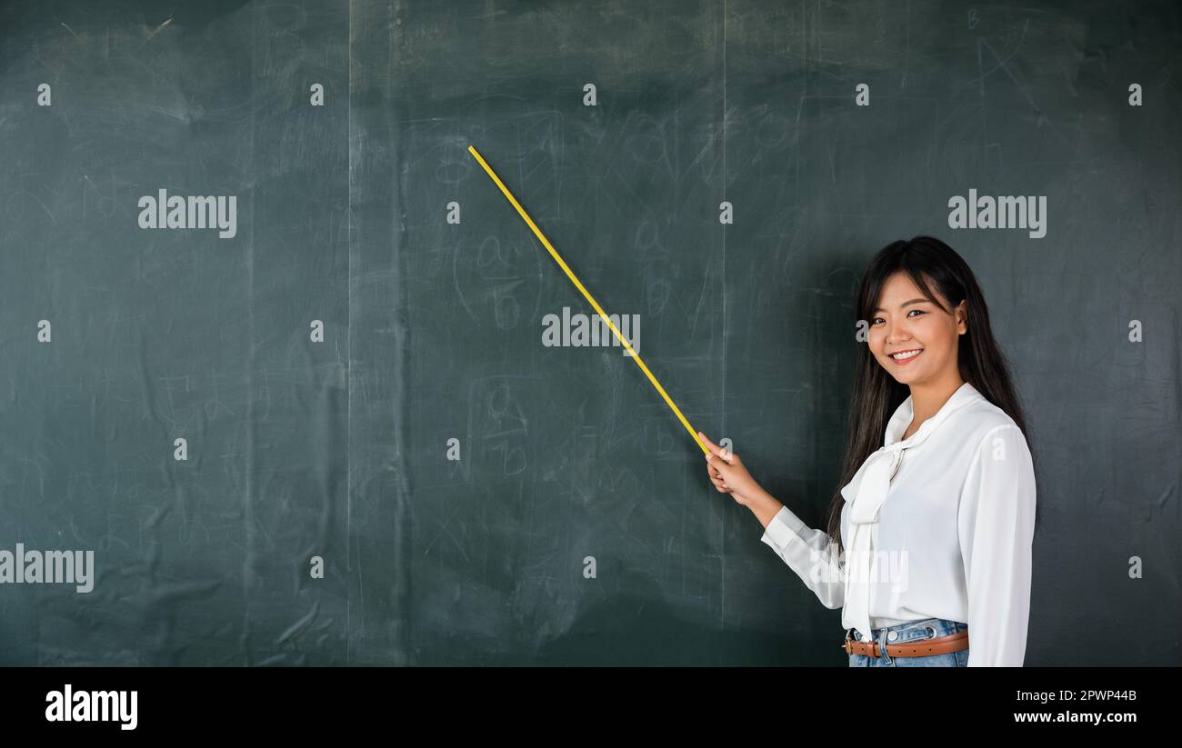 Concetto di ritorno a scuola. Felice bella giovane donna in piedi tenere puntatore a bordo posteriore, insegnante femminile asiatica sorridente con bastone di legno che punta a bl Foto Stock