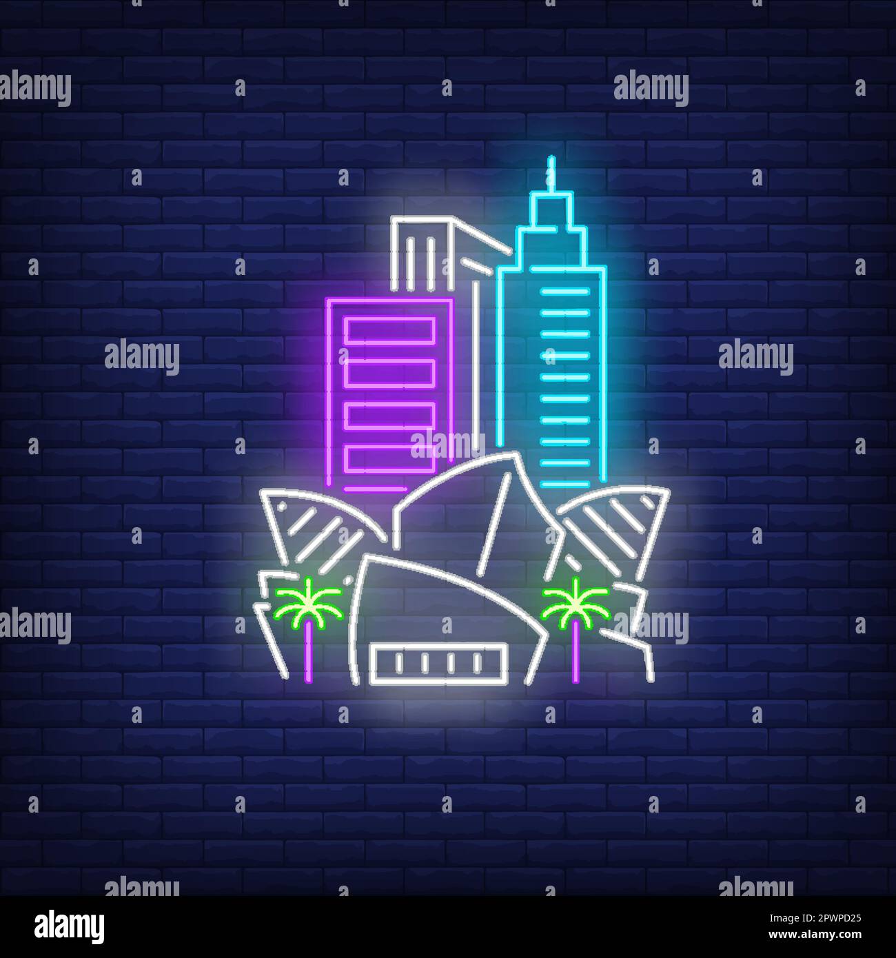 Cartello al neon per il Los Angeles Music Center e gli edifici della città Illustrazione Vettoriale