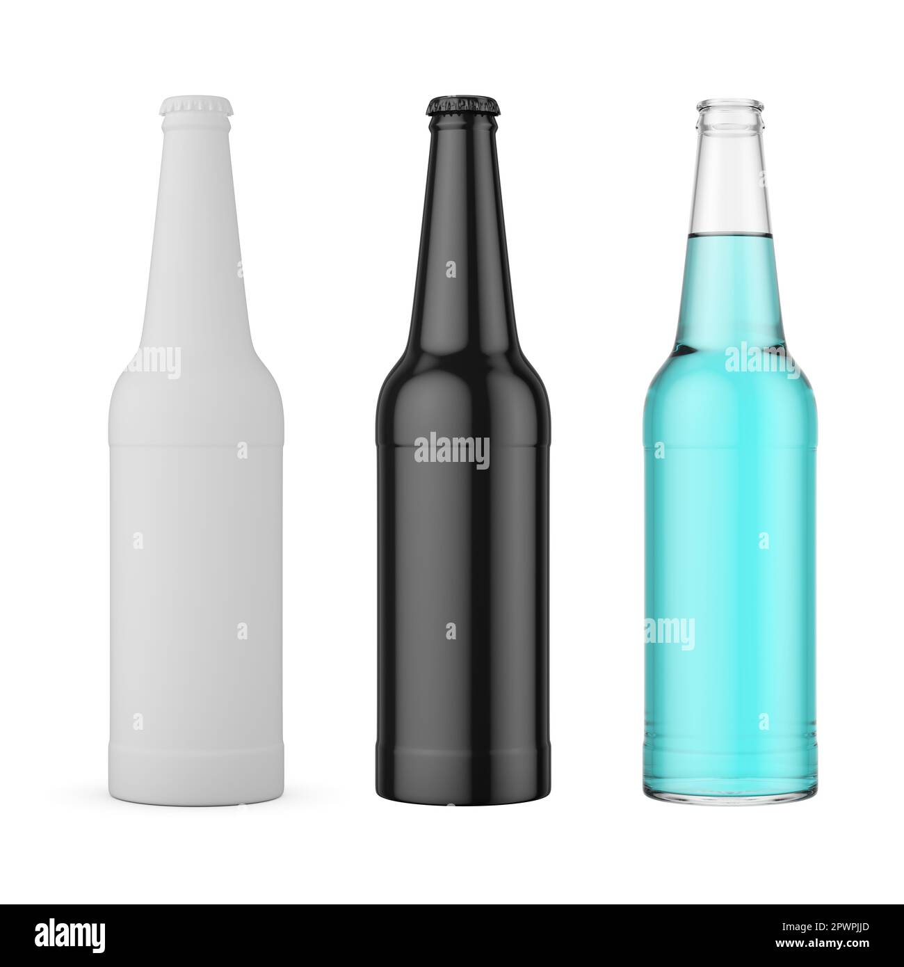 Bottiglie di birra alla crear. Set di bottiglie bianche, nere, trasparenti per la creazione di mock-up. illustrazione del rendering 3d. Foto Stock