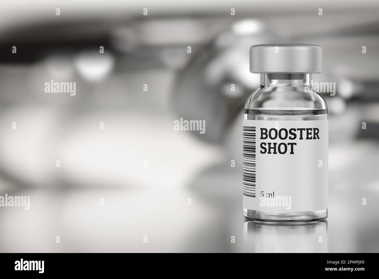 Vaccino di richiamo in flaconcino di vetro. illustrazione del rendering 3d. Foto Stock
