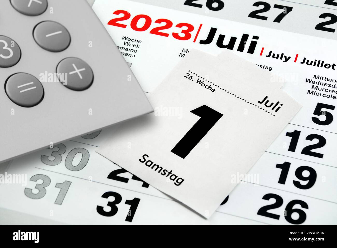 Calendario tedesco 1 2023 luglio e calcolatrice Sabato settimana Mercoledì Foto Stock