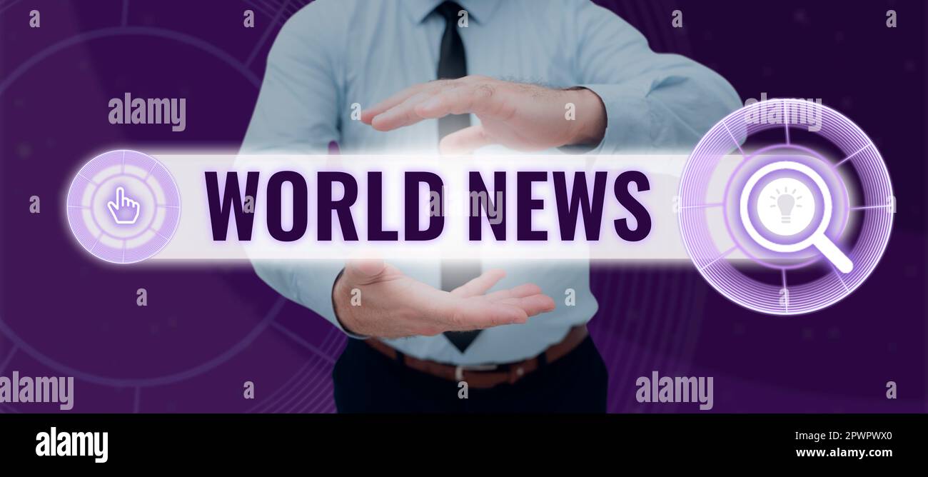 Scrittura visualizzazione di testo World News, Word per informazioni globali degni di nota su eventi recenti o importanti Foto Stock