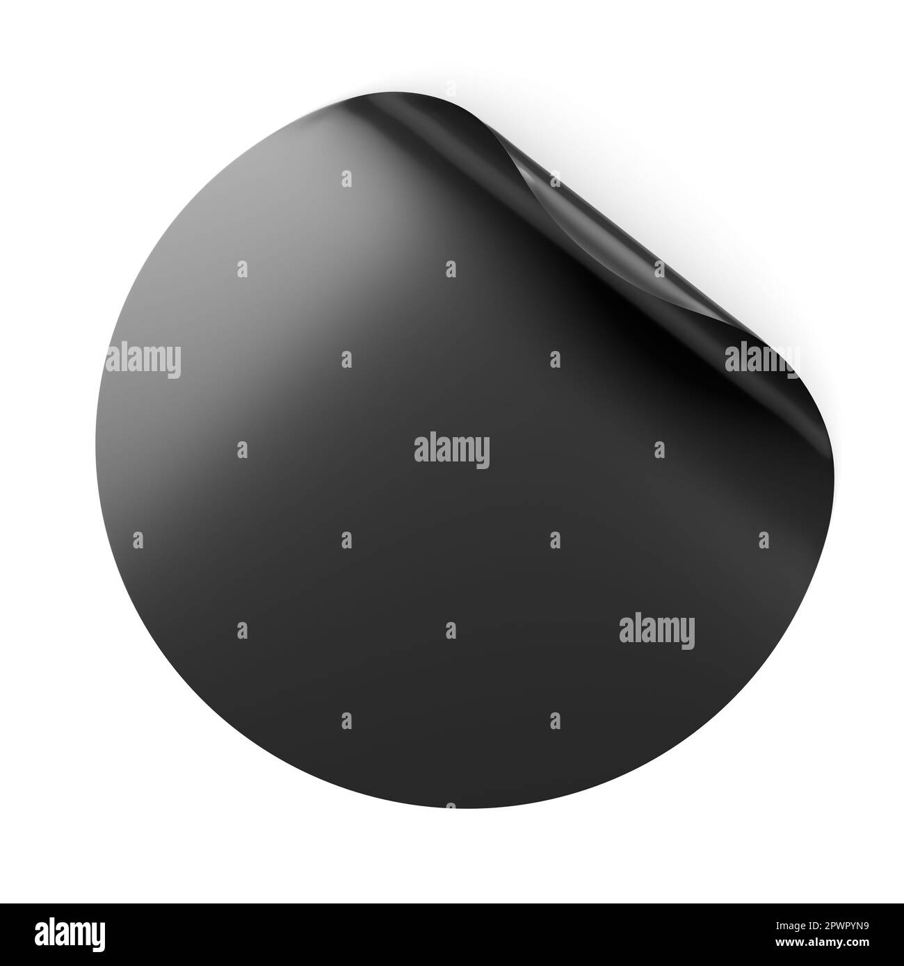 L'adesivo tondo nero vuoto è un mock up con angolo curvo. Illustrazione del rendering 3D. Foto Stock