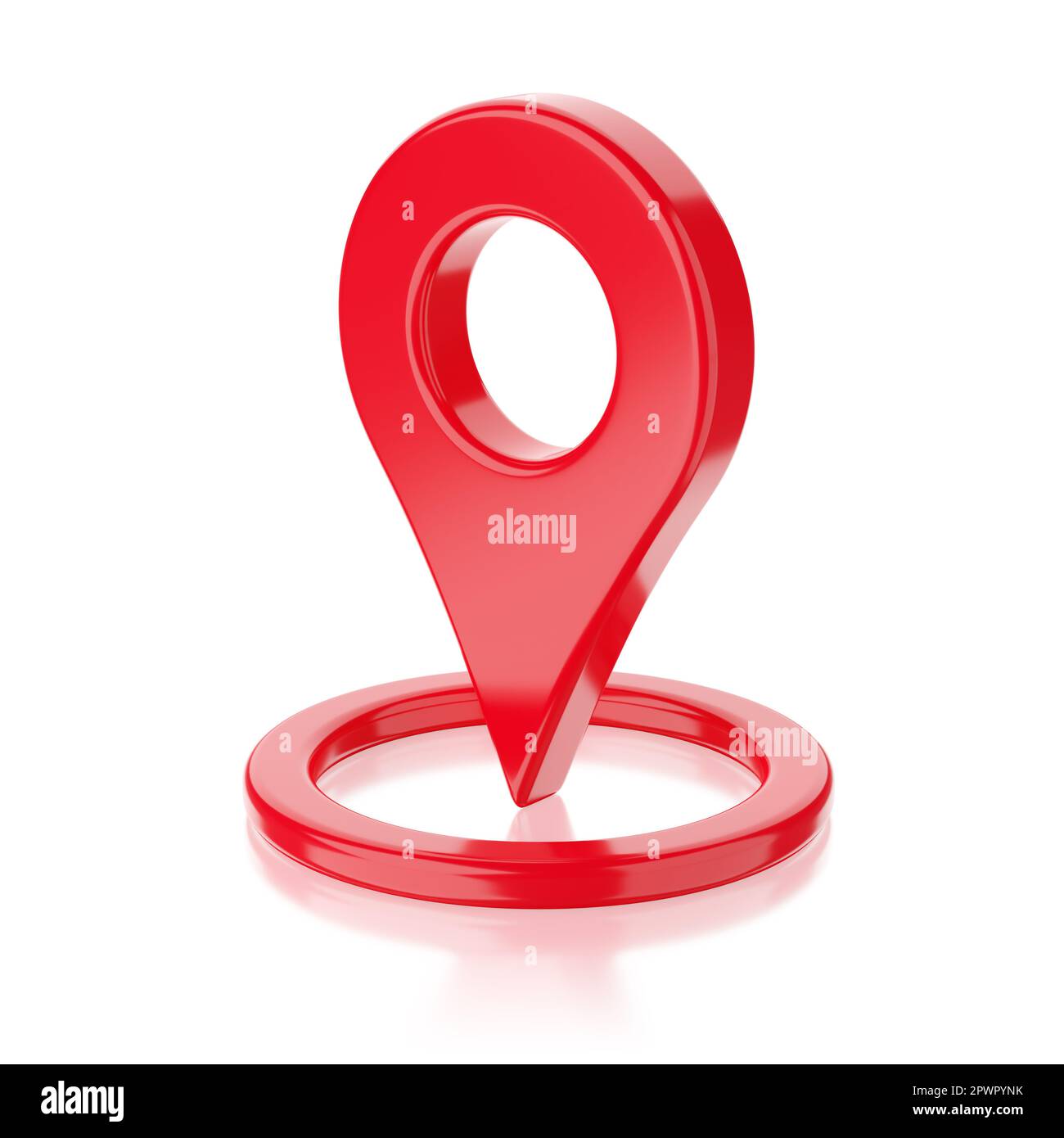 Cartografia lucida rossa con pin geo tag isolato su sfondo bianco. illustrazione del rendering 3d. Foto Stock