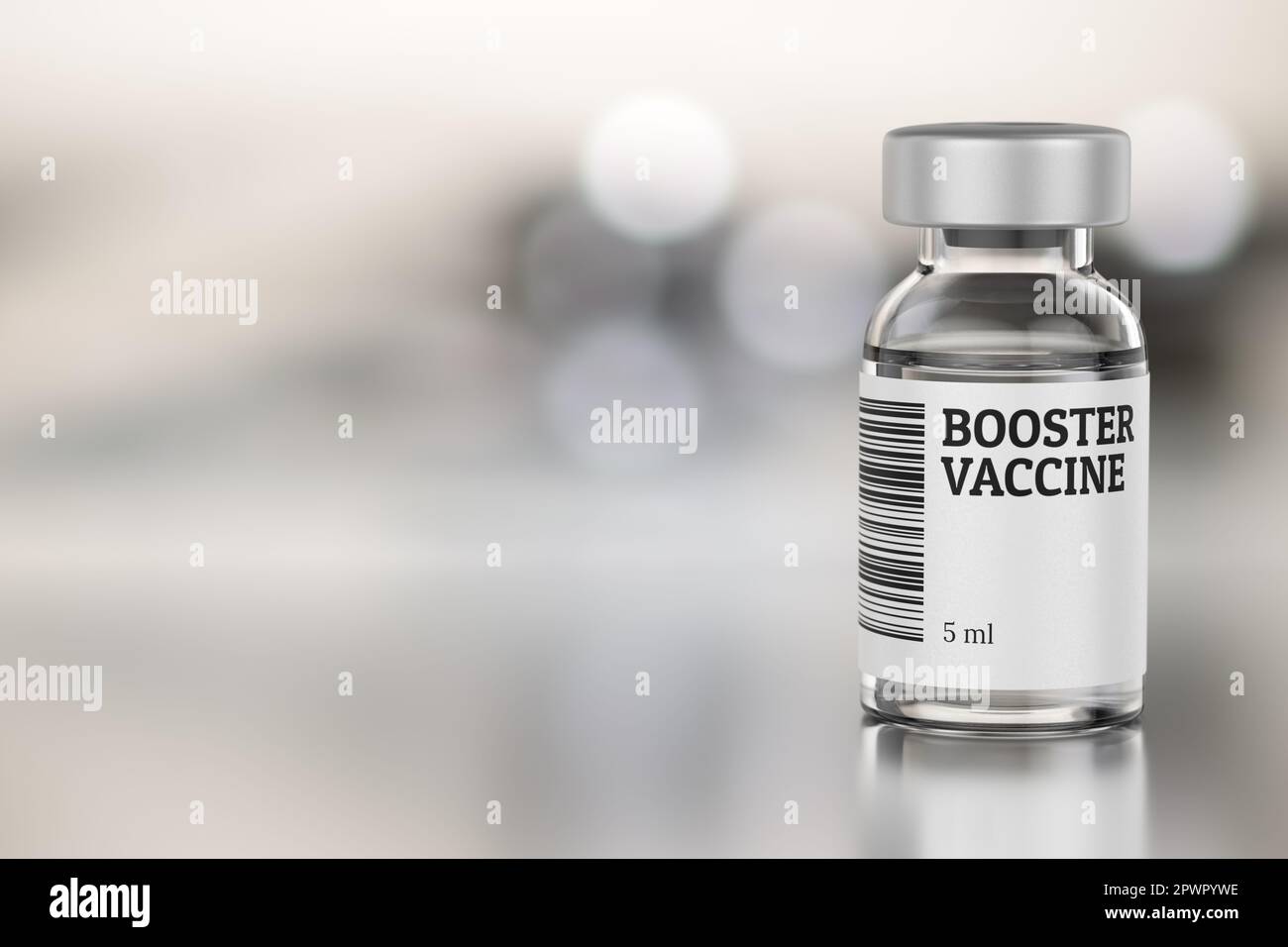 Vaccino con dose di richiamo in flaconcino di vetro. illustrazione del rendering 3d. Foto Stock