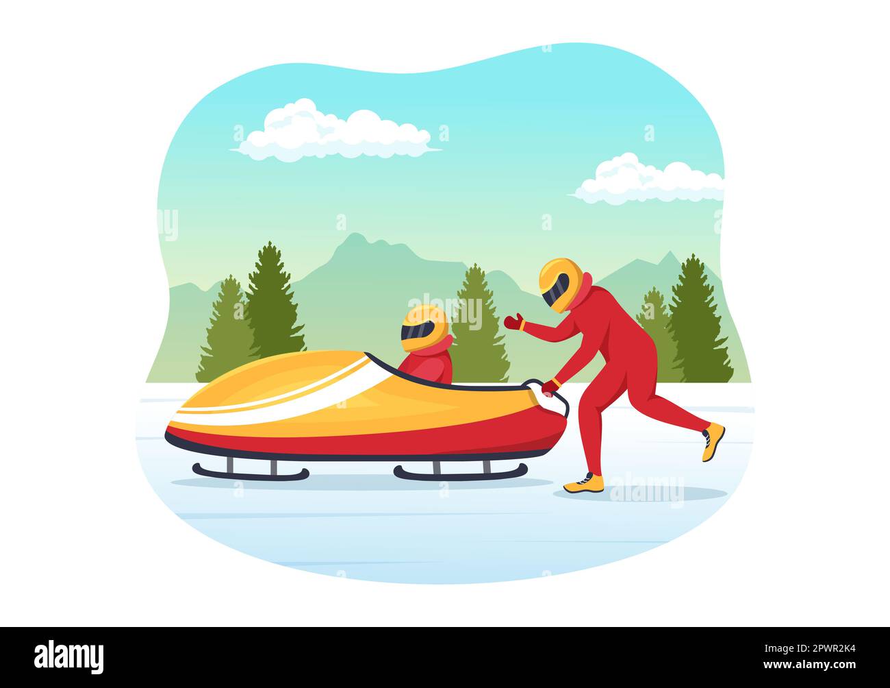 Atleta Equitazione slitta Bobsleigh Illustrazione con neve, ghiaccio e pista Bobsled per la concorrenza in attività di sport invernali Flat Cartoon modelli disegnati a mano Foto Stock