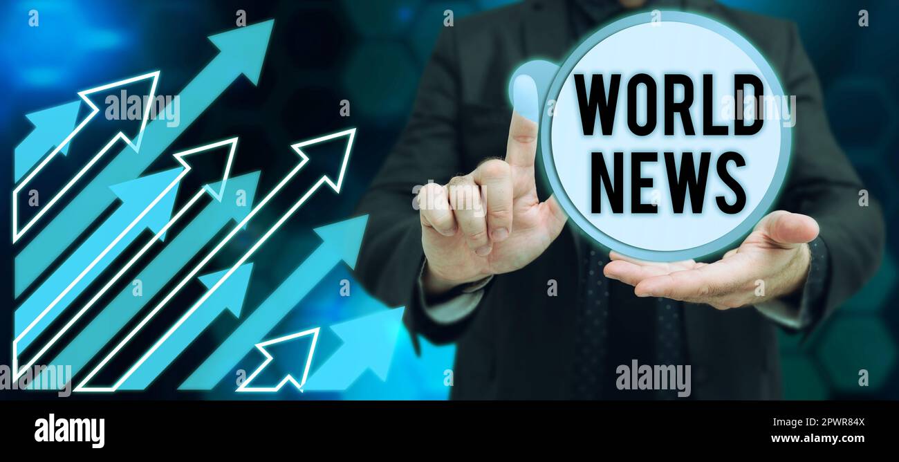 Visualizzazione concettuale World News, Word per informazioni globali importanti su eventi recenti o importanti Foto Stock
