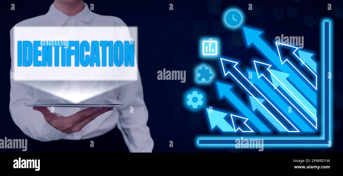 Firma scritta a mano identificazione, parola per un'azione o procedura per identificare qualcuno o qualcosa Foto Stock