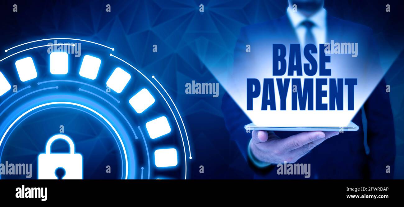 Scrittura che visualizza il testo pagamento base, Word scritto sull'importo della retribuzione per un periodo di lavoro standard, una commessa o una posizione Foto Stock