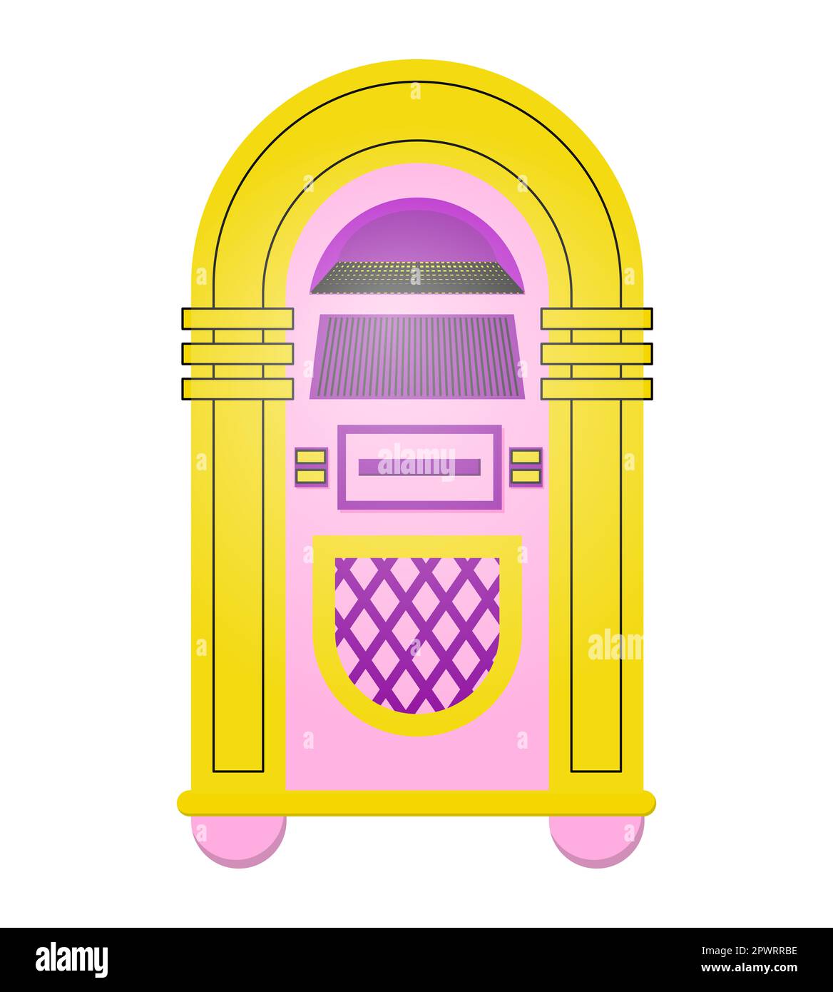 Jukebox nello stile degli anni '90s. Macchina per la musica. Macchina musicale. Illustrazione con isolamento vettoriale su sfondo bianco. Foto Stock