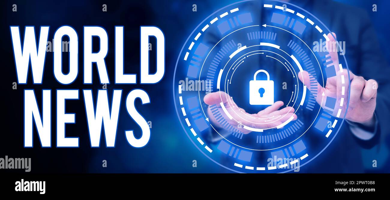 Didascalia concettuale World News, concetto che significa informazioni globali degni di nota su eventi recenti o importanti Foto Stock