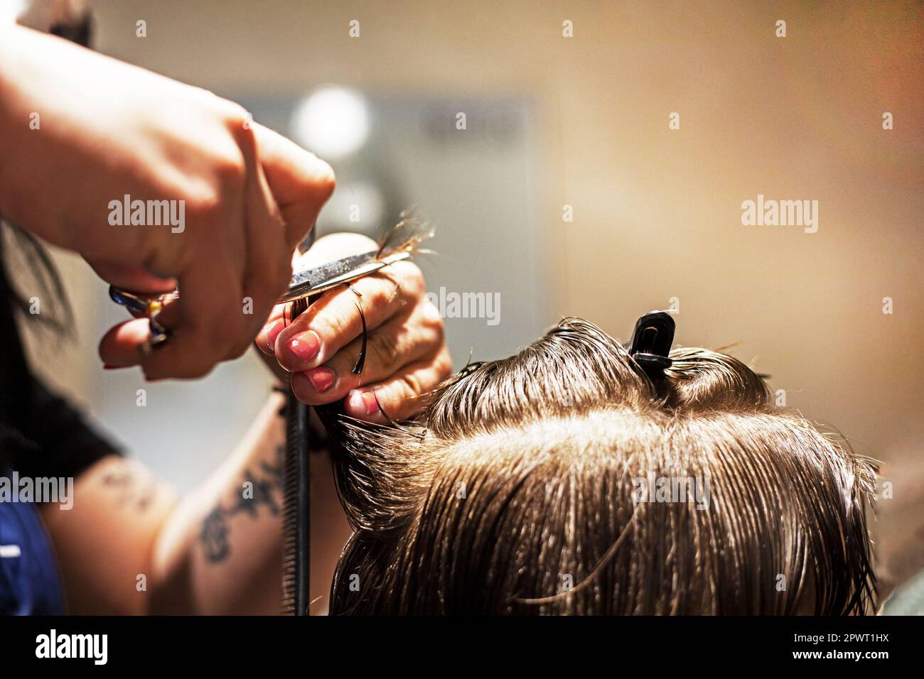 il barbiere taglia sotto il coltello le punte dei capelli puliti bagnati Foto Stock