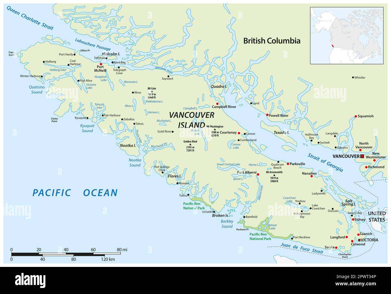 Mappa vettoriale dell'isola canadese del Pacifico dell'isola di Vancouver Foto Stock