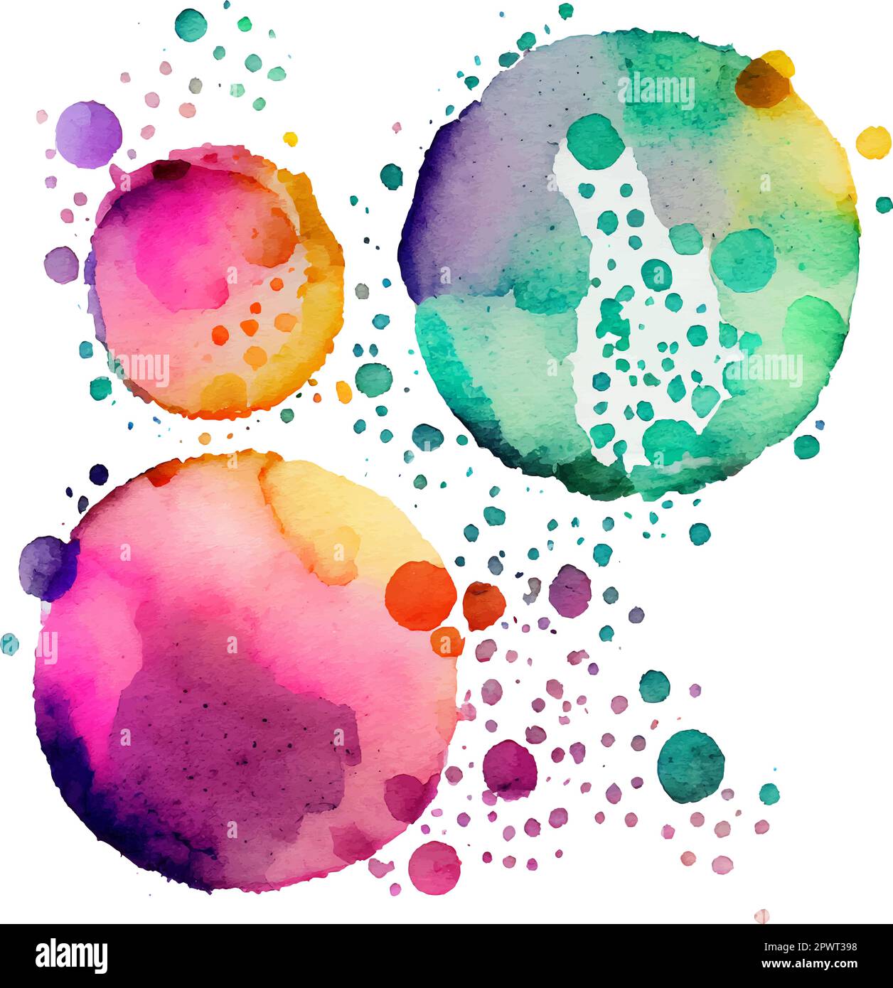 Acquerello luminoso astratto spruzzi e macchie rotondi su uno sfondo bianco Illustrazione Vettoriale