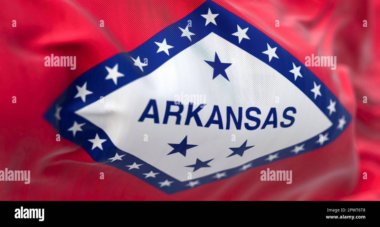 Vista ravvicinata dell'onda della bandiera di stato dell'Arkansas. Stati UNITI conosciuto per la sua bellezza naturale. Sfondo strutturato. Messa a fuoco selettiva. Illustrazione realistica in 3D Foto Stock