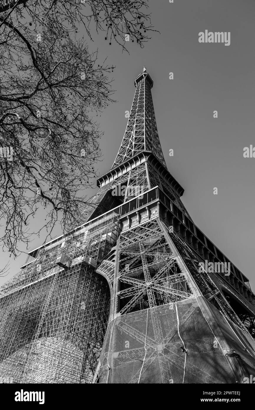 L'iconica Torre Eiffel in una soleggiata giornata invernale, la torre a traliccio in ferro battuto sul Champ de Mars a Parigi, Francia. Foto Stock