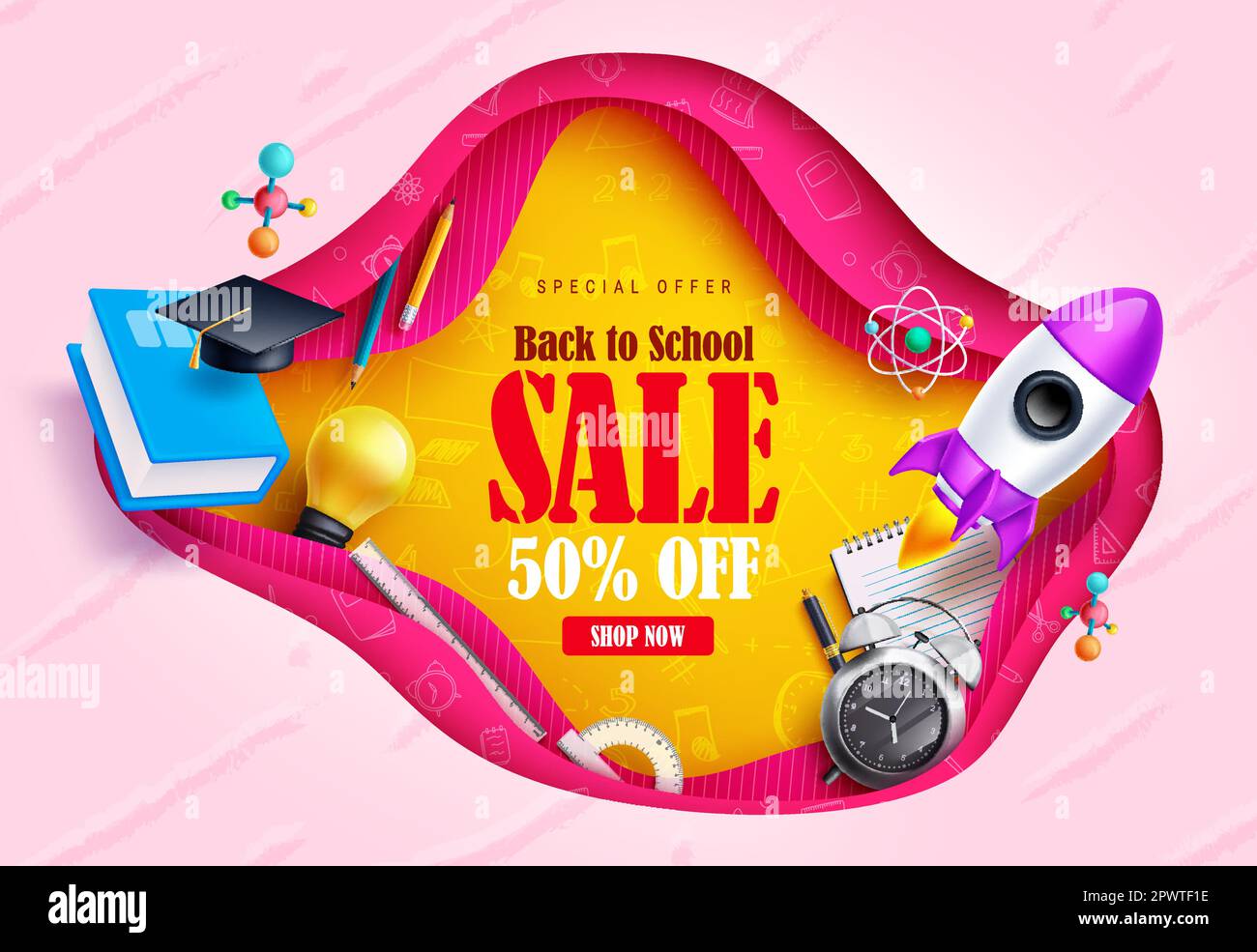 Torna alla scuola Vector sale banner. Testo di vendita ritorno a scuola con sconto promozionale offerta speciale per articoli didattici e forniture. Illustrazione vettoriale Illustrazione Vettoriale